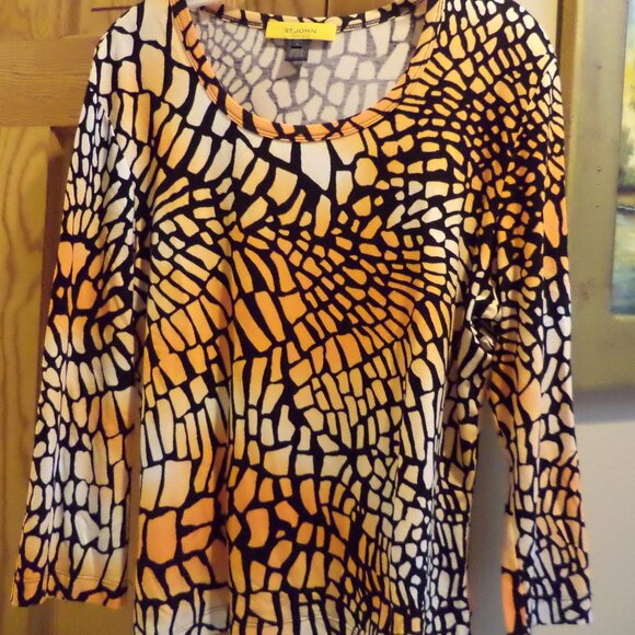 ST. JOHN Blouse Shirt-Gold Label-Shades of Orange on Black in Geometric Design-L